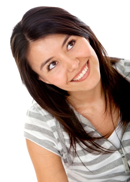 casual woman smiling isolated over a white background