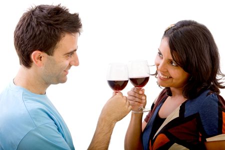 Loving couple toasting with wineglasses isolated over a white background