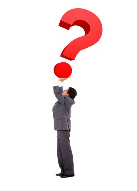 Wondering business man with a question mark isolated over white