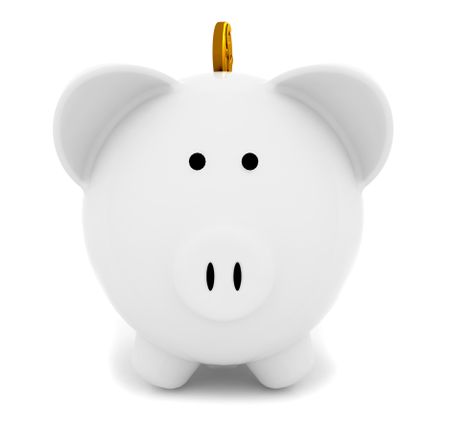Piggybank with a coin isolated over a white background