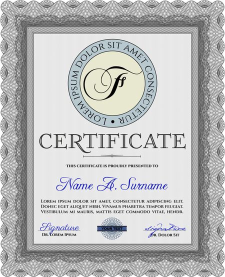 Certificate template. Printer friendly. Detailed. Nice design. Grey color.