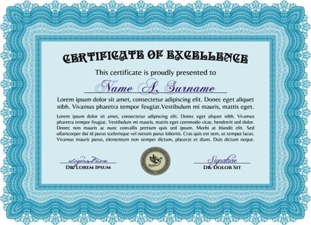 Certificate or diploma template. Cordial design. Customizable, Easy to edit and change colors. Easy to print. Light blue color.