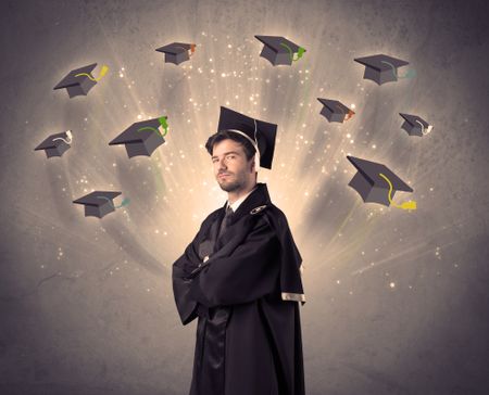 College graduate with many flying hats on grunge background