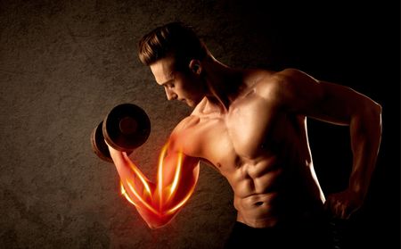 Fit bodybuilder lifting weight with red muscle concept on background