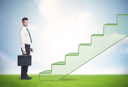 Business person stepping up a hand drawn staircase in the nature