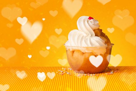 Delicious pretty party cakes with heart shape symbols on colorful background