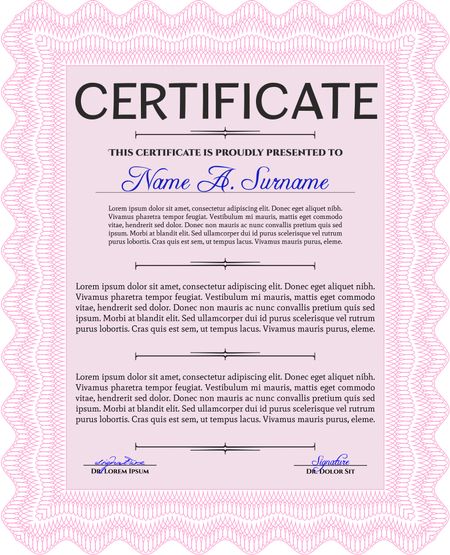 Diploma or certificate template. Complex background. Superior design. Vector pattern that is used in currency and diplomas.Pink color.