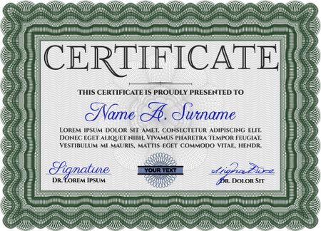 Certificate template. Nice design. Printer friendly. Detailed. Green color.