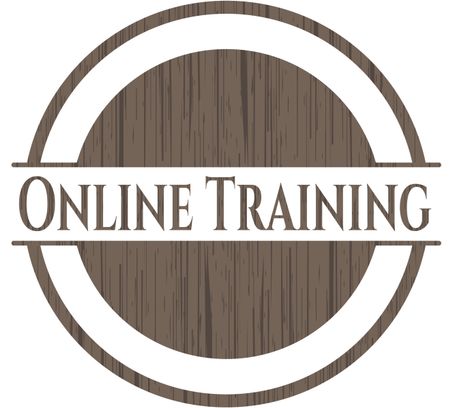 Online Training badge with wooden background