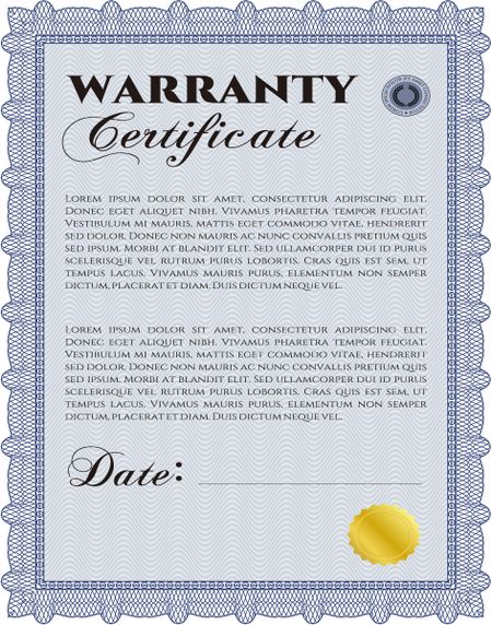 Sample Warranty certificate template. Vector illustration. With guilloche pattern. Elegant design. 