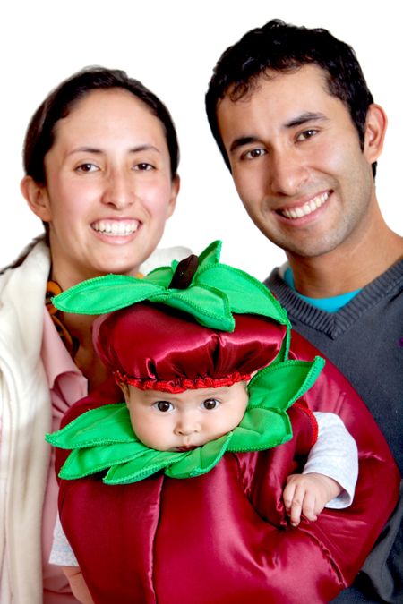 Happy family portrait of a baby with his mother and uncle over a white background