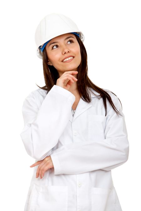 Architect girl wearing a safety helmet over a white background with a pensive face