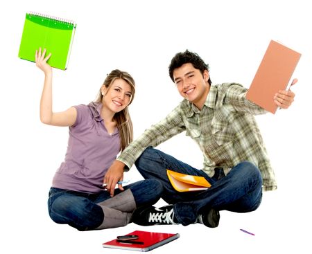 Beautiful happy students together with notebooks isolated on white
