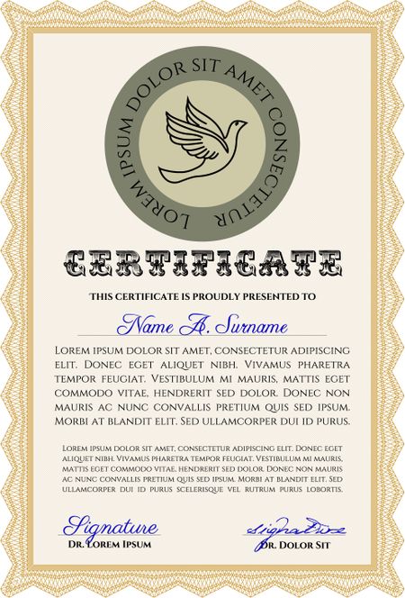 Certificate template. Detailed. Nice design. Printer friendly. Orange color.