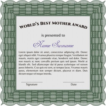 Best Mom Award Template. Excellent complex design. With guilloche pattern and background. Vector illustration. 