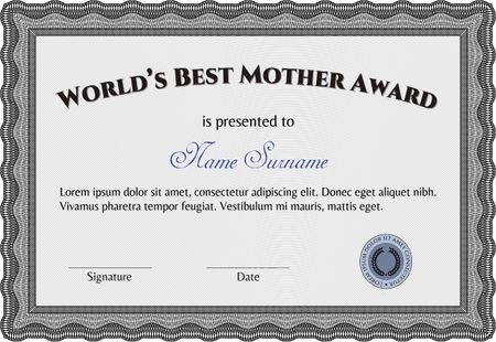 World's Best Mom Award. Complex design. Printer friendly. Detailed. 