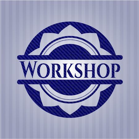 Workshop emblem with denim high quality background