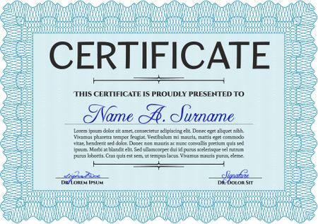 Light blue Certificate. Detailed. Complex design. Printer friendly. 