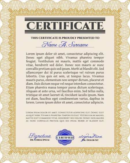 Orange Certificate template or diploma template. Vector pattern that is used in currency and diplomas.Beauty design. Complex background. 