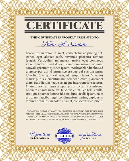 Orange Certificate template or diploma template. Vector pattern that is used in currency and diplomas.Beauty design. Complex background.