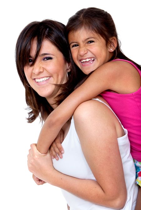 Beautiful happy mom with her daughter isolated on white
