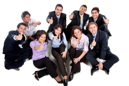 group of business people smiling with thumbs up - isolated over a white background