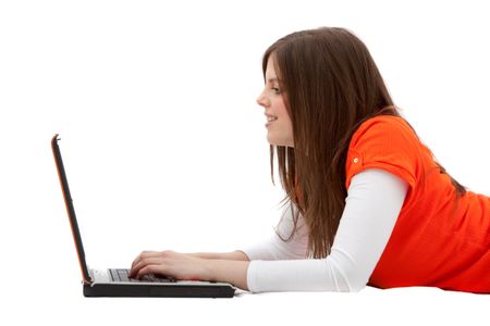 Girl with a computer isolated over a white background