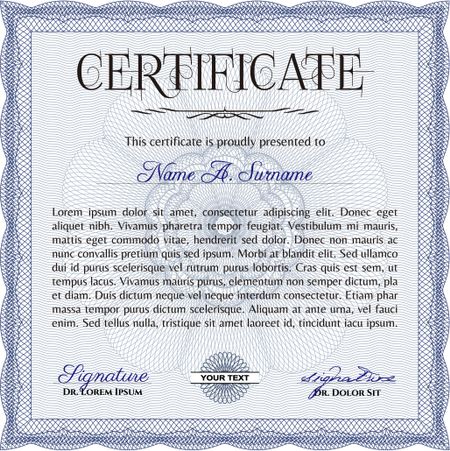 Certificate template or diploma template. Complex background. Vector pattern that is used in currency and diplomas.Superior design. Blue color.