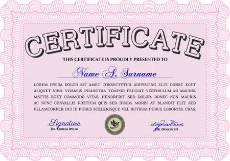 Pink Diploma. With background. Excellent design. Border, frame. 