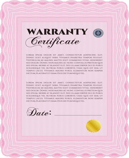 Sample Warranty certificate. Vector illustration. Artistry design. With complex linear background. 