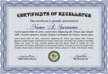 Blue Diploma template. Excellent design. Border, frame. With background. 