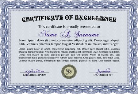 Blue Diploma template. Excellent design. Border, frame. With background.