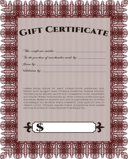 Modern gift certificate. Sophisticated design. With great quality guilloche pattern. 