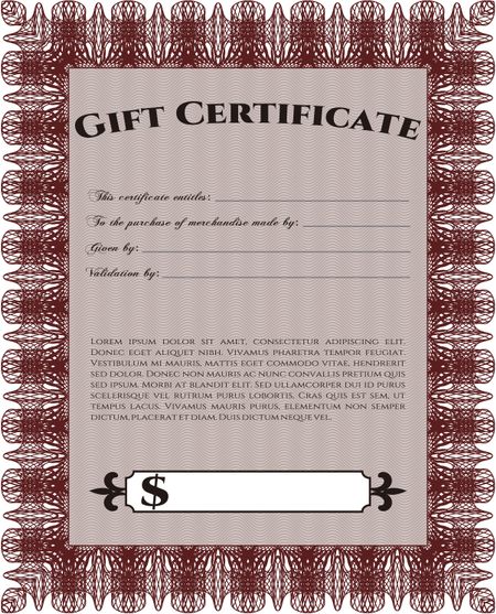 Modern gift certificate. Sophisticated design. With great quality guilloche pattern.