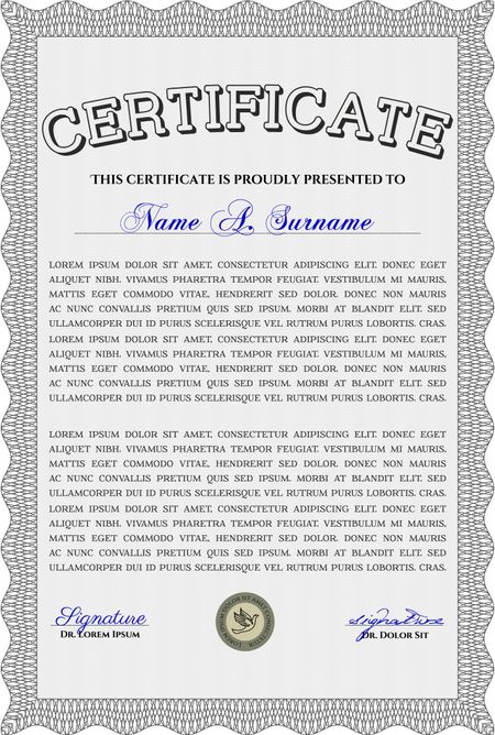Grey Certificate or diploma template. Border, frame. With background. Good design. 