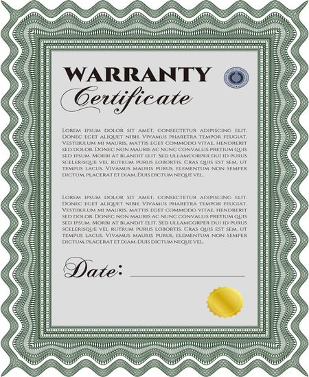 Sample Warranty certificate. Artistry design. Vector illustration. With complex linear background. 
