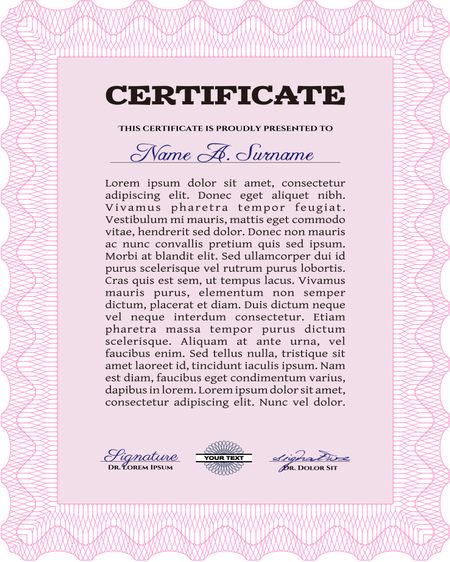 Pink Diploma template. With complex background. Vector illustration. Excellent design. 