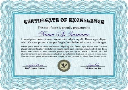 Light blue Diploma template. With complex background. Vector illustration. Excellent design. 