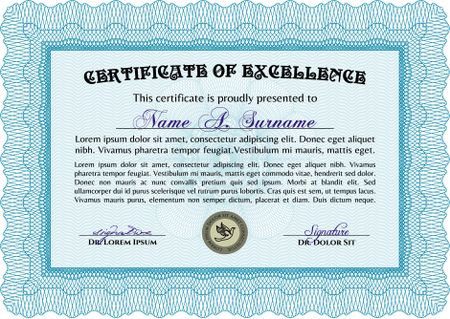 Light blue Diploma template. With complex background. Vector illustration. Excellent design.