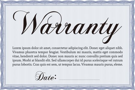 Sample Warranty certificate template. With guilloche pattern and background. Vector illustration. Elegant design.