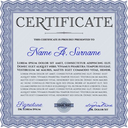 Diploma template. Excellent design. Vector illustration. With complex background. Blue color.