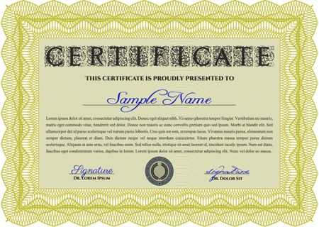 Certificate. Printer friendly. Detailed. Complex design. Yellow color.