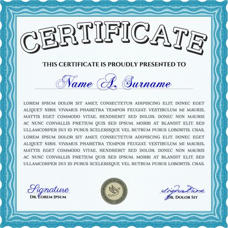 Certificate template. Customizable, Easy to edit and change colors. Nice design. Easy to print. Light blue color.