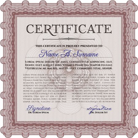 Certificate template. Customizable, Easy to edit and change colors. Nice design. Easy to print. Red color.