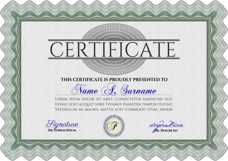 Certificate or diploma template. Border, frame. With background. Good design. Green color.