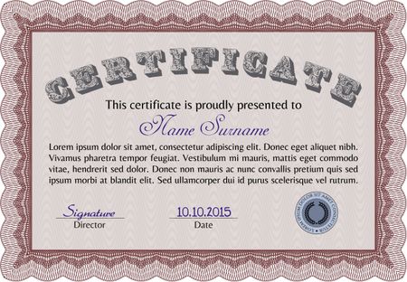Certificate or diploma template. Border, frame. With background. Good design. Red color.