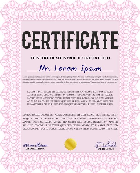 Pink Diploma template. With background. Excellent design. Border, frame. 
