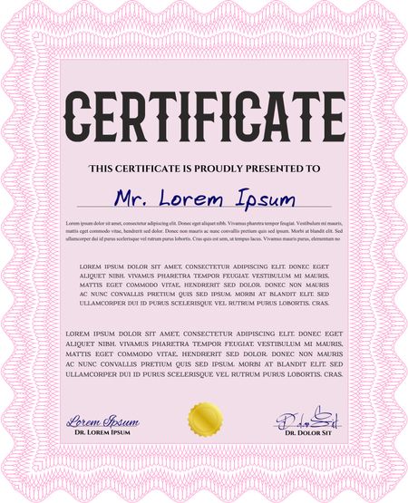 Pink Diploma template. With background. Excellent design. Border, frame.