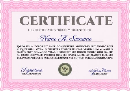 Pink Diploma template. With background. Excellent design. Border, frame. 