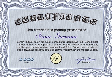 Blue Diploma or certificate template. Superior design. Vector pattern that is used in currency and diplomas.Complex background. 